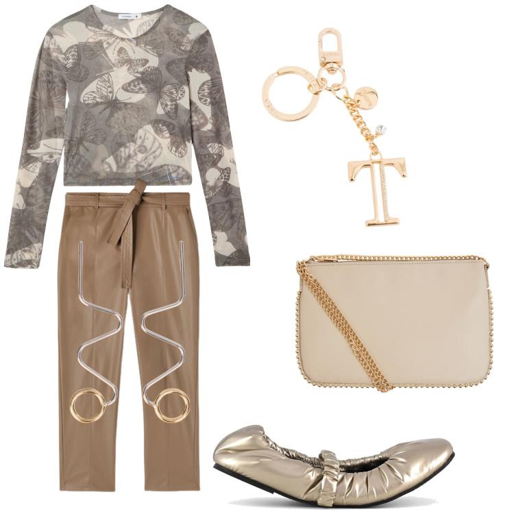 Outfit donna - Tiziana. Stile Trendy per Serata fuori. Abbinamento con t-shirt, borse a tracolla, orecchini, ballerine, portachiavi, pantaloni.