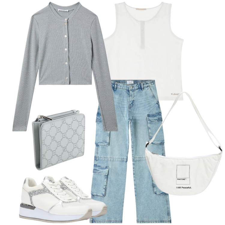Outfit donna - Total look #2105813. Stile Urban per Tutti i giorni. Abbinamento con marsupi, jeans, cardigans, canottiere, sneakers, portafogli.