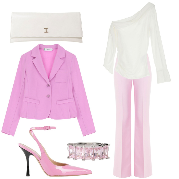 Outfit donna - Pink & white. Stile Trendy per Serata fuori. Abbinamento con décolleté, pantaloni a palazzo, blazer, anelli, maglieria, pochette.