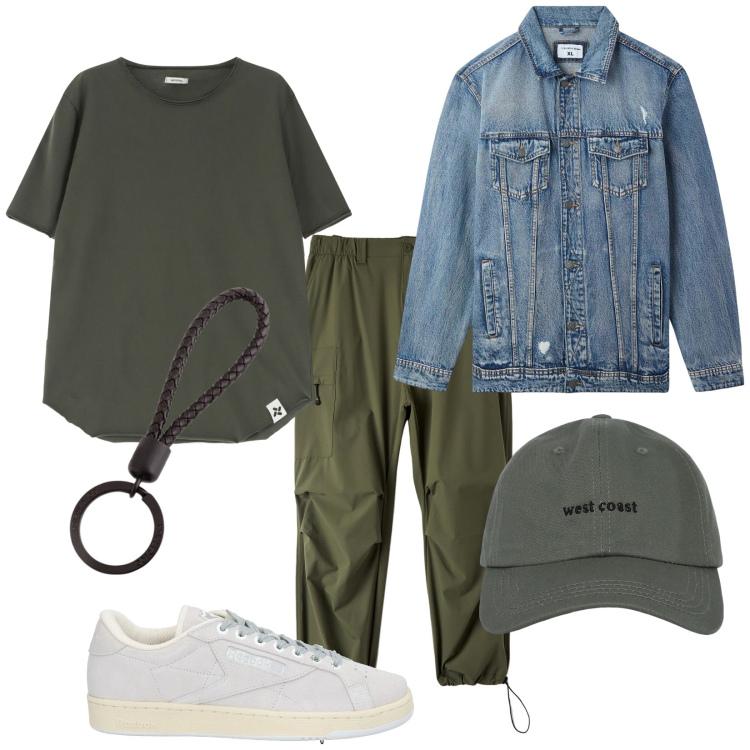 Outfit uomo - Total look #2105815. Stile Urban per Tutti i giorni. Abbinamento con sneakers, pantaloni, giacche, cappelli con visiera, t-shirt, portachiavi.