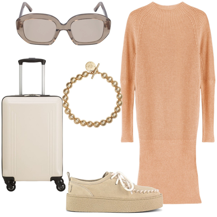 Outfit donna - Comodo viaggiare in maglia. Stile Urban per Tutti i giorni. Abbinamento con braccialetti, mocassini, vestiti corti, occhiali da sole, valigie.