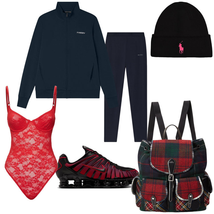 Outfit donna - Inaspettato body nel look offduty. Stile Casual per Tutti i giorni. Abbinamento con tute, zaini, berretti, body, sneakers.