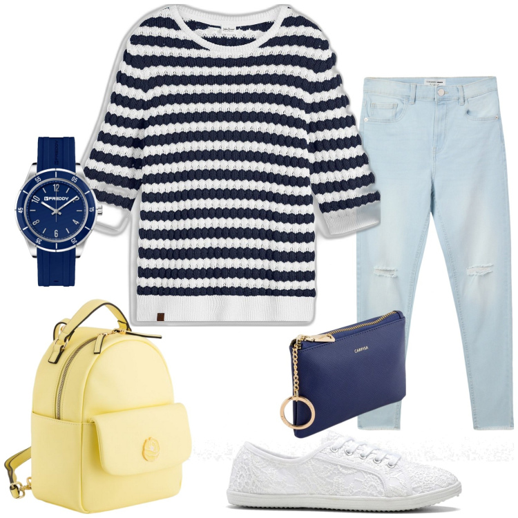 Outfit donna - Maglioncino a righe!. Stile Trendy per Tutti i giorni. Abbinamento con maglieria, sneakers, jeans strappati, orologi, zaini, portamonete.