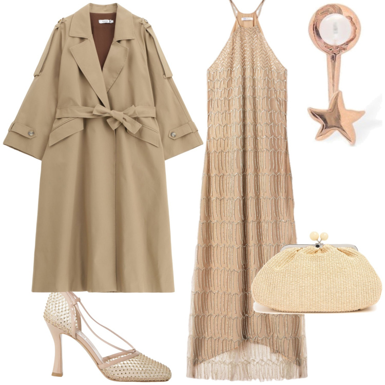 Outfit donna - Serata mono sfumature. Stile Chic per Serata fuori. Abbinamento con trench, décolleté, vestiti lunghi, pochette, orecchini.
