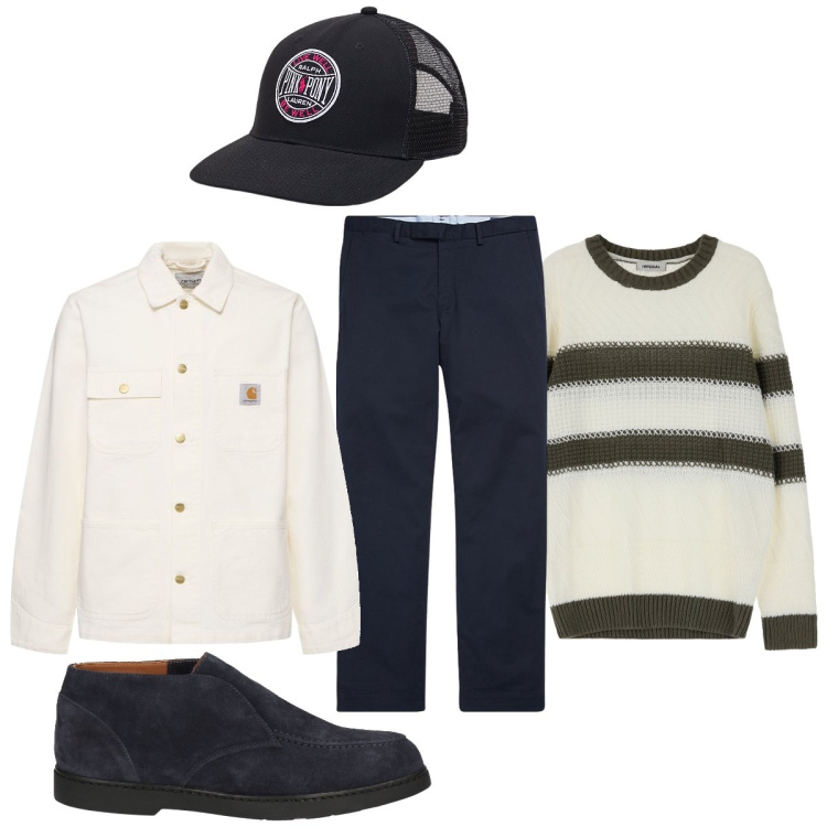 Outfit uomo - Total look #2105827. Stile Trendy per Tutti i giorni. Abbinamento con stivali e stivaletti, maglieria, pantaloni chino, cappelli, cappotti.