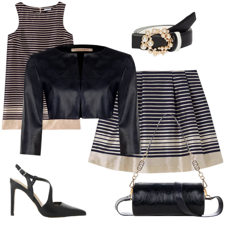 Outfit donna - Viva le righe!. Stile Chic per Serata fuori. Abbinamento con bolero, borse a mano, décolleté, cinture, minigonne, vestiti a tubino.