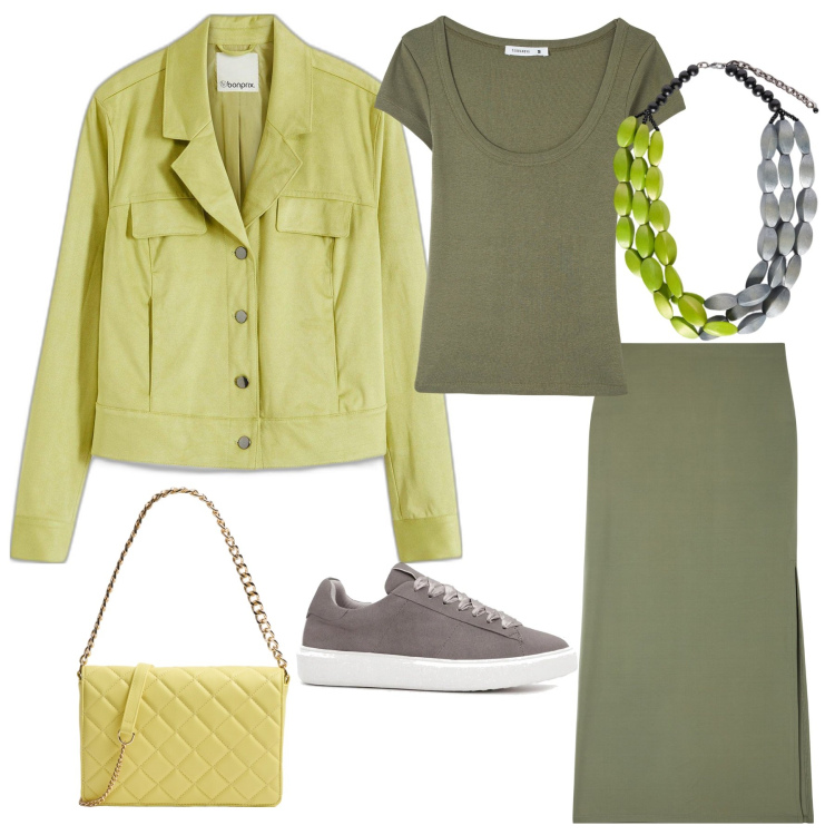 Outfit donna - Primavera in stile sui toni del verde. Stile Casual chic per Tutti i giorni. Abbinamento con blazer, sneakers, gonne lunghe, t-shirt, borse a tracolla, collane.