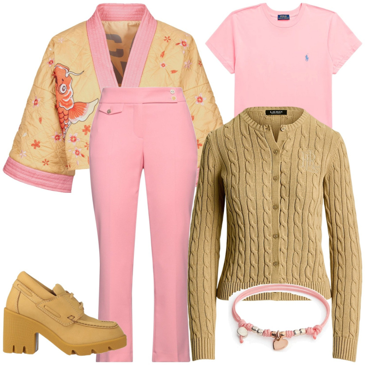 Outfit donna - Rosa e ocra. Stile Casual chic per Tutti i giorni. Abbinamento con scarpe stringate, pantaloni, cardigans, t-shirt, kimono, braccialetti.