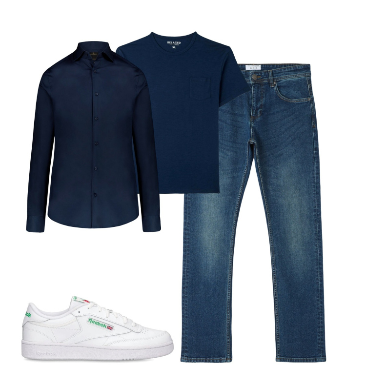 Outfit uomo - Total look #2105839. Stile Casual per Tutti i giorni. Abbinamento con t-shirt, jeans dritti, camicie, sneakers.