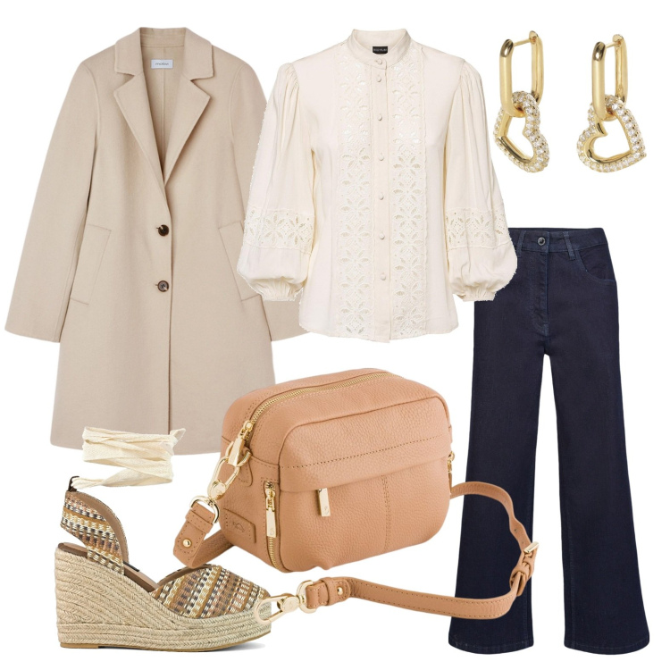 Outfit donna - Cappotto beige per ogni giorno. Stile Casual chic per Tutti i giorni. Abbinamento con camicie, orecchini, zeppe, borse a tracolla, pantaloni, cappotti.