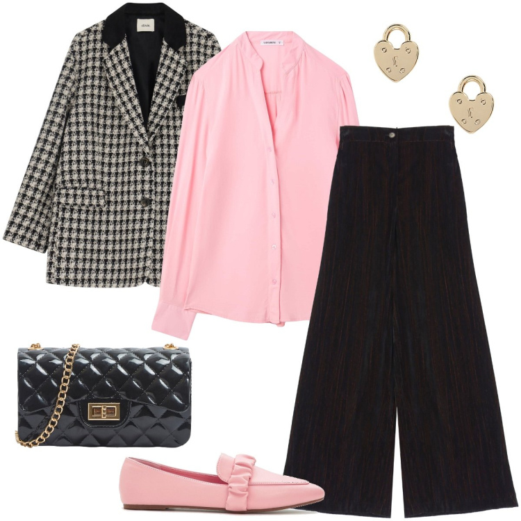 Outfit donna - La giacca vichy. Stile Bon Ton per Serata fuori. Abbinamento con mocassini, borse a tracolla, camicie, pantaloni a palazzo, blazer, orecchini.