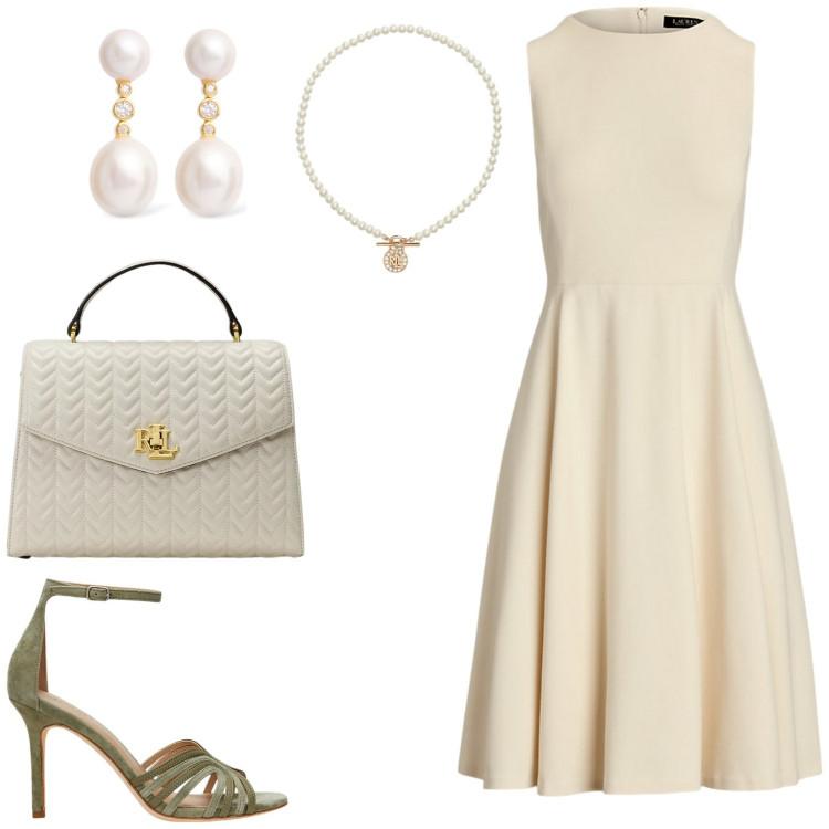 Outfit donna - Cerimonia di giorno. Stile Chic per Cerimonia. Abbinamento con vestiti senza maniche, ciondoli, sandali in pelle, borse a mano, orecchini.
