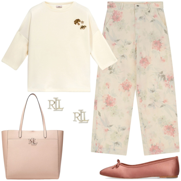 Outfit donna - La primavera addosso. Stile Casual chic per Tutti i giorni. Abbinamento con pantaloni, orecchini, borse tote, ballerine, t-shirt.