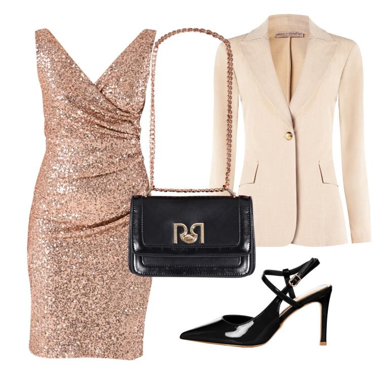 Outfit donna - Abito scintillante. Stile Glamour per Cerimonia. Abbinamento con décolleté, blazer, vestiti a tubino, borse a tracolla.
