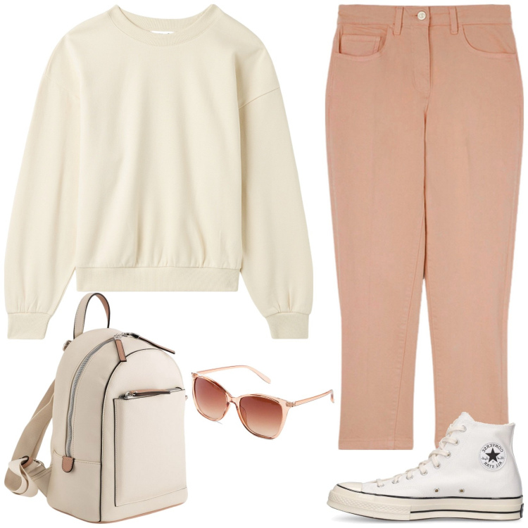 Outfit donna - Gita domenicale. Stile Casual per Tutti i giorni. Abbinamento con occhiali da sole, felpe, sneakers, zaini, pantaloni.