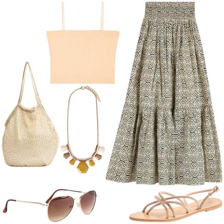 Outfit donna - Un po\' gipsy. Stile Etnico per Tutti i giorni. Abbinamento con occhiali da sole, canottiere, borse a tracolla, sandali, gonne lunghe, collane.