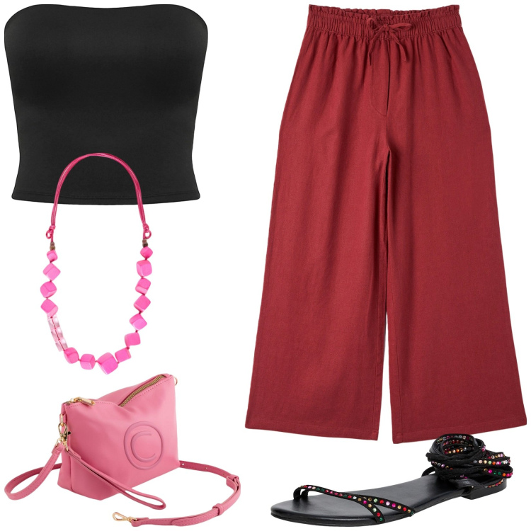 Outfit donna - Aperitivo in spiaggia al tramonto. Stile Casual per Tutti i giorni. Abbinamento con sandali alla schiava, top, pantaloni, collane, valigie.