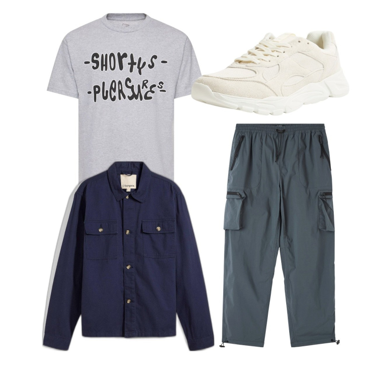 Outfit uomo - Total look. Stile Casual per Tutti i giorni. Abbinamento con giacche, pantaloni cargo, sneakers, t-shirt.