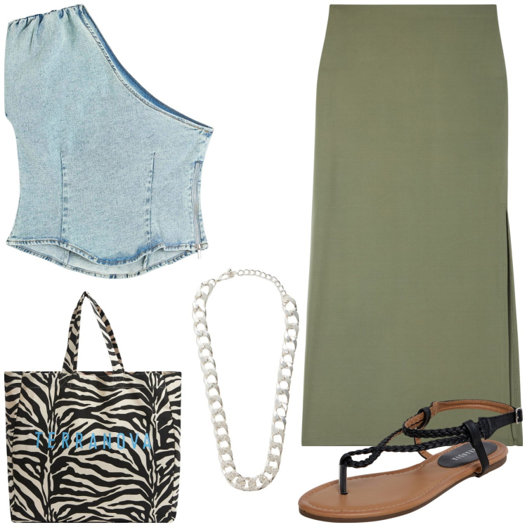 Outfit donna - Top di jeans e longuette verde militare. Stile Casual per Tutti i giorni. Abbinamento con gonne lunghe, borse tote, ciabatte, top, collane.