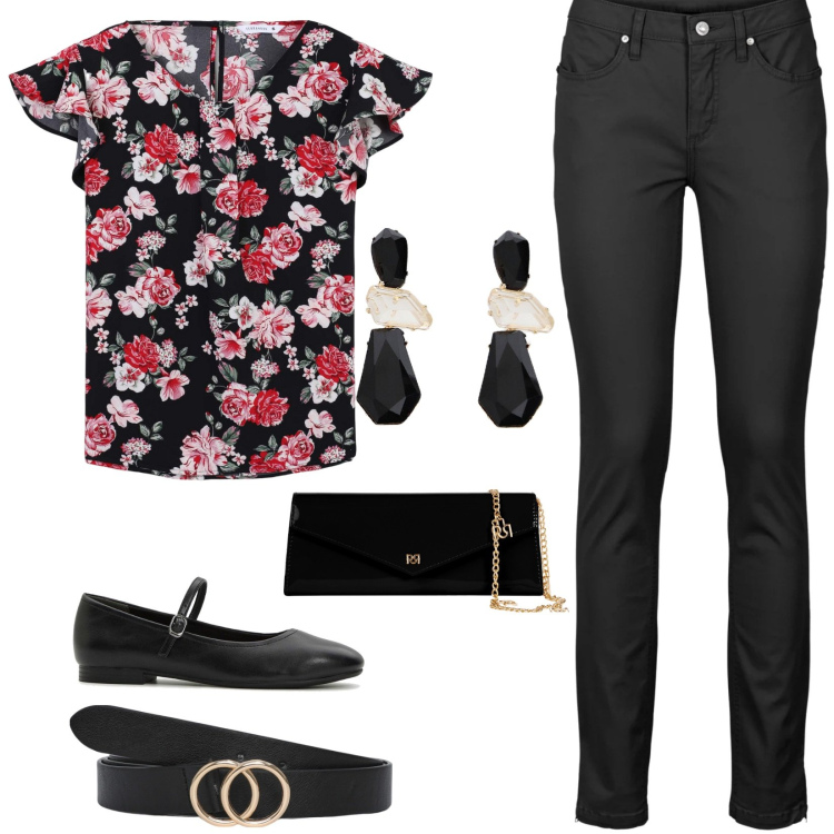 Outfit donna - Casual di sera. Stile Casual chic per Serata fuori. Abbinamento con jeans skinny, ballerine, bluse, cinture, pochette, orecchini.