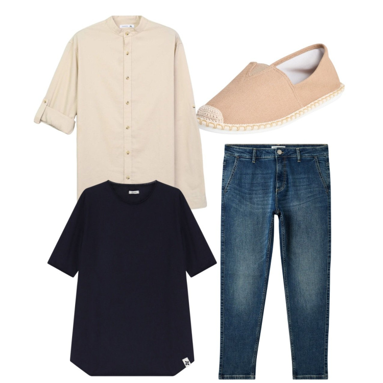 Outfit uomo - Total look. Stile Casual per Tutti i giorni. Abbinamento con espadrillas, camicie, jeans, t-shirt.