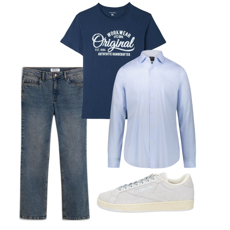 Outfit uomo - Primavera. Stile Casual per Tutti i giorni. Abbinamento con jeans bootcut, sneakers, t-shirt, camicie.