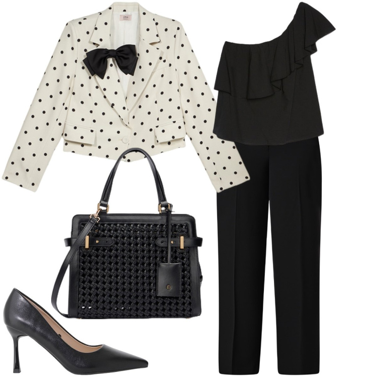 Outfit donna - La giacca a pois. Stile Bon Ton per Serata fuori. Abbinamento con pantaloni a palazzo, décolleté, top, borse a mano, blazer.