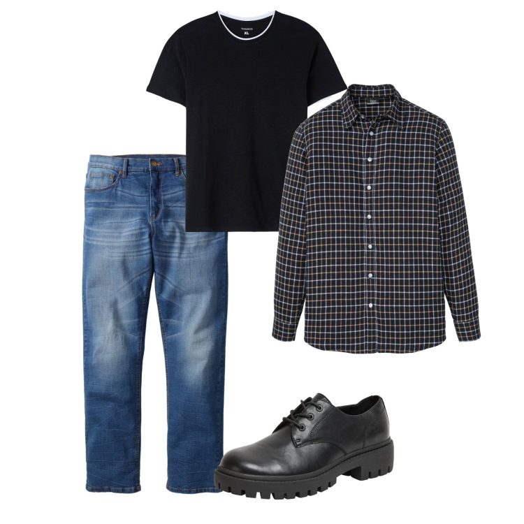 Outfit uomo - Nero e jeans. Stile Casual per Tutti i giorni. Abbinamento con jeans dritti, camicie, t-shirt, scarpe stringate.