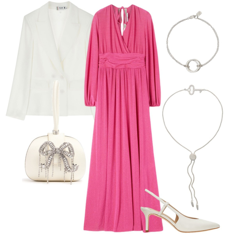 Outfit donna - Chic in fucsia. Stile Glamour per Cerimonia. Abbinamento con blazer, braccialetti, braccialetti, décolleté, vestiti lunghi, pochette.
