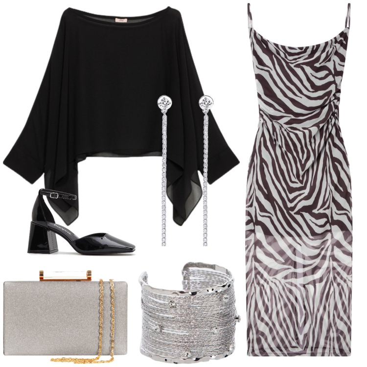 Outfit donna - Serata fuori. Stile Sexy per Serata fuori. Abbinamento con décolleté, vestiti lunghi, orecchini, clutch, braccialetti, bolero.