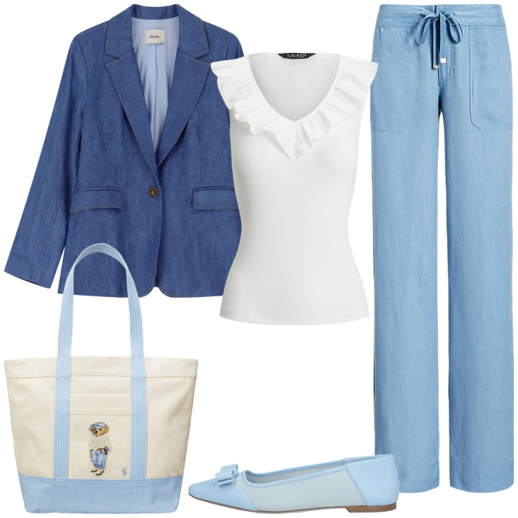 Outfit donna - Casual. Stile Casual per Tutti i giorni. Abbinamento con ballerine, blazer, pantaloni, top, borse tote.