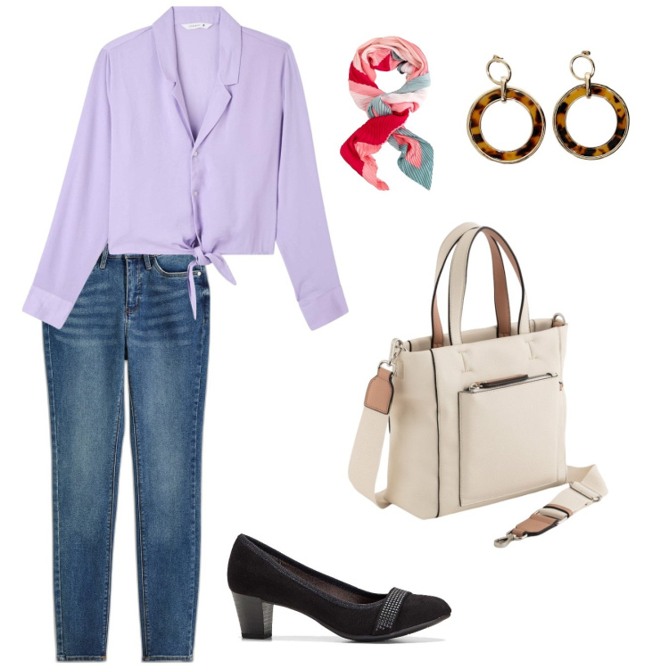 Outfit donna - arbeitet in CHIC. Stile Trendy per Ufficio. Abbinamento con jeans skinny, décolleté, camicie, orecchini, foulard, borse a mano.