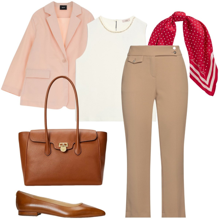 Outfit donna - Un tocco di rosso. Stile Bon Ton per Ufficio. Abbinamento con pantaloni, blazer, borse a mano, ballerine, foulard, top.