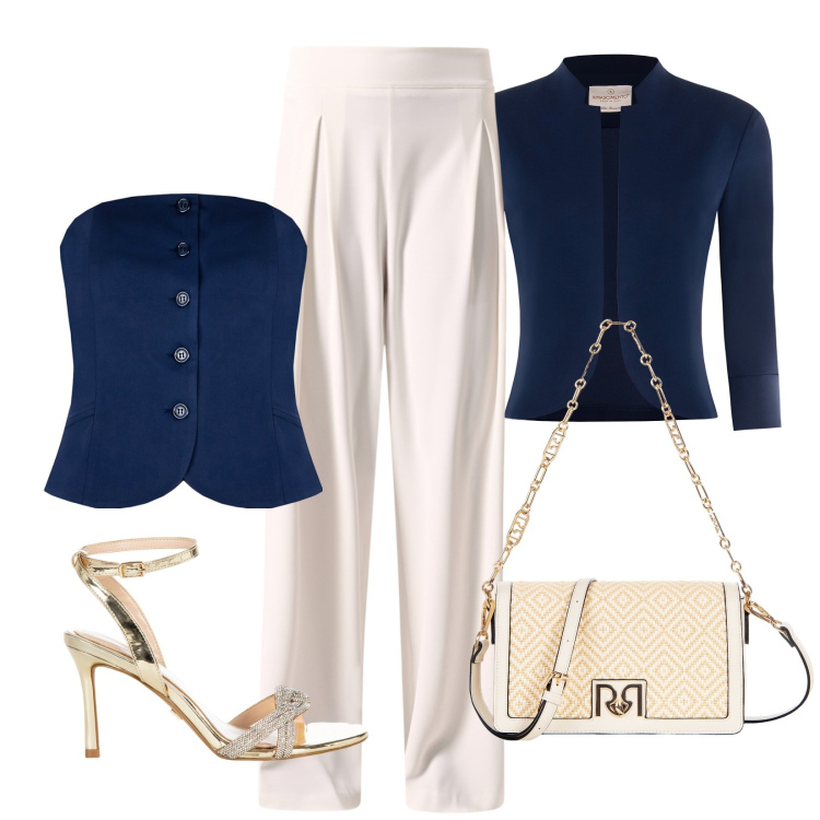 Outfit donna - Eleganza in bianco e blu. Stile Chic per Cerimonia. Abbinamento con top, borse a tracolla, pantaloni a palazzo, sandali col tacco, bolero.