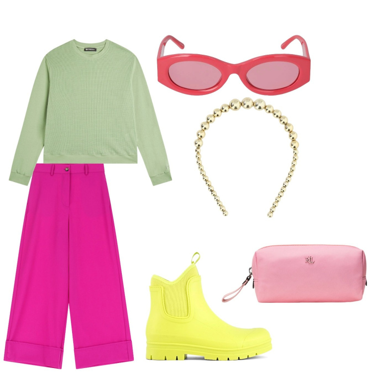 Outfit donna - Ein Barbie-Märchen. Stile Preppy per Tutti i giorni. Abbinamento con felpe, cerchietti, pantaloni a palazzo, pochette, stivali, occhiali da sole.