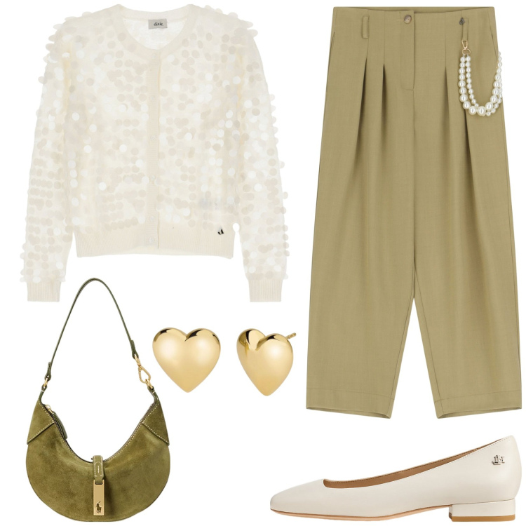 Outfit donna - Cardigan glamour. Stile Casual chic per Tutti i giorni. Abbinamento con orecchini, cardigans, pantaloni, ballerine, borse a spalla.