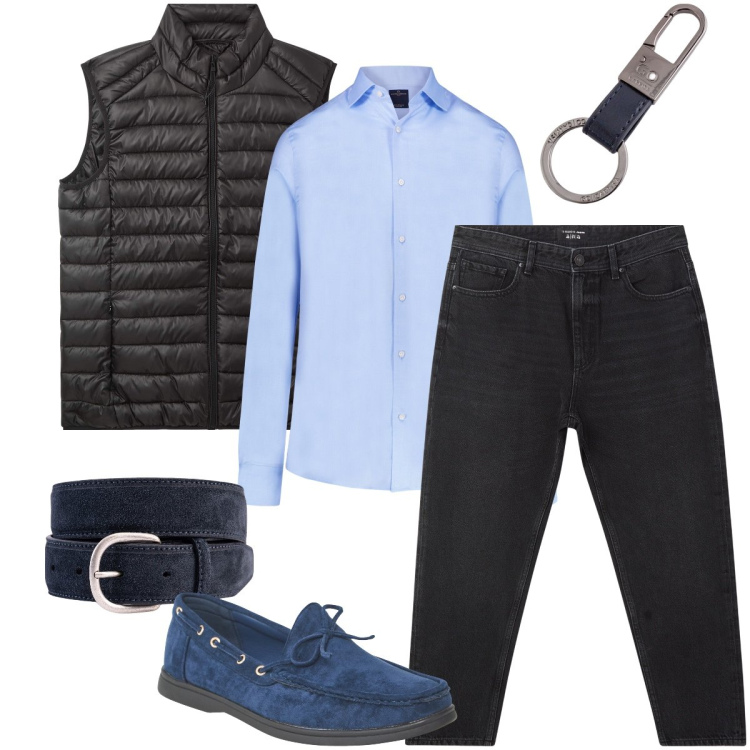 Outfit uomo - Accessori blu. Stile Urban per Ufficio. Abbinamento con scarpe stringate, piumini, jeans, camicie, cinture, portachiavi.