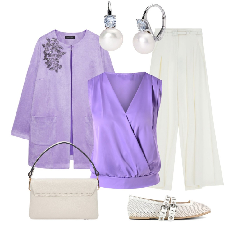 Outfit donna - Color lavanda al Matrimonio. Stile Glamour per Cerimonia. Abbinamento con orecchini, top, pantaloni, trench, ballerine, borse a tracolla.