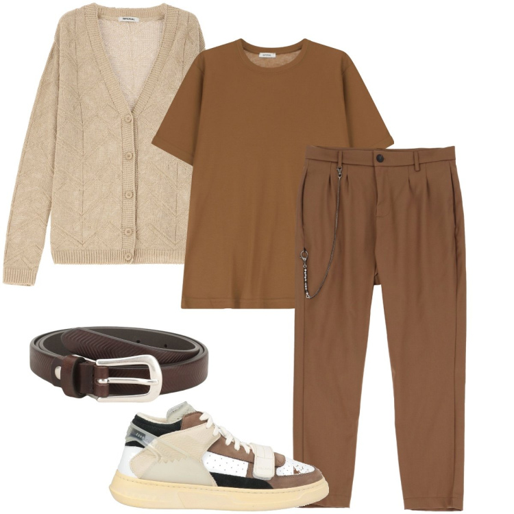 Outfit uomo - I colori della terra. Stile Urban per Tutti i giorni. Abbinamento con sneakers alte, cardigans, cinture, t-shirt, pantaloni.