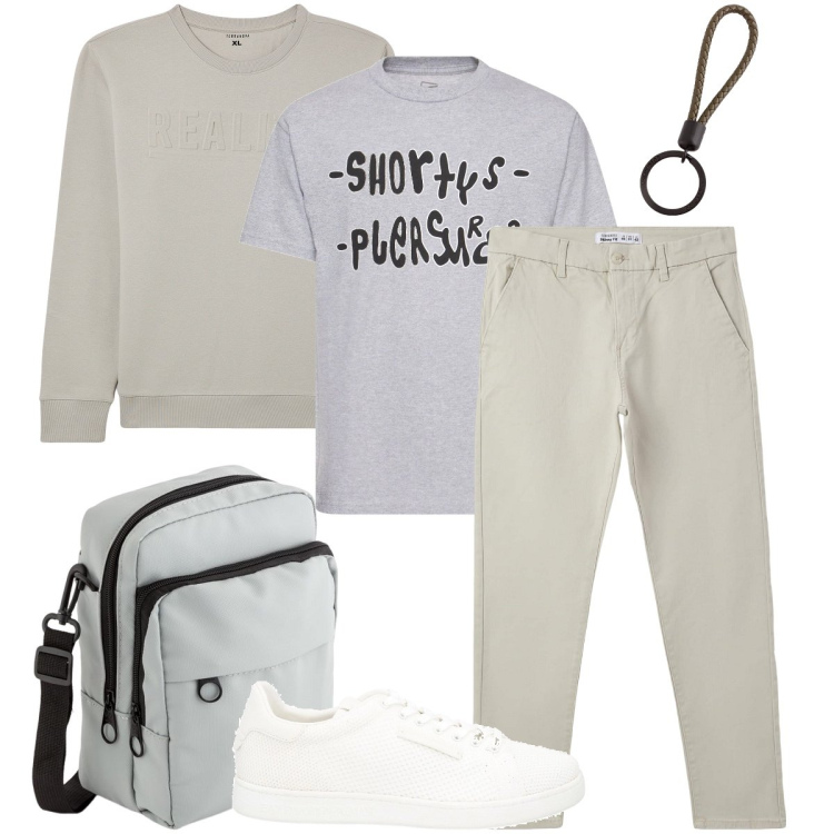 Outfit uomo - Gita fuori porta. Stile Casual per Tutti i giorni. Abbinamento con sneakers, pantaloni chino, felpe, t-shirt, portachiavi, borse sportive.