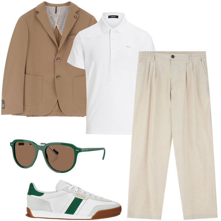 Outfit uomo - Un tocco di verde. Stile Trendy per Cerimonia. Abbinamento con pantaloni, giacche, occhiali da sole, sneakers, polo.