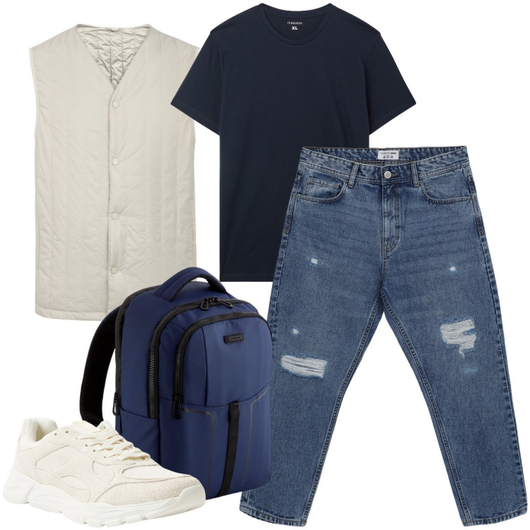 Outfit uomo - Blu e panna. Stile Casual per Tutti i giorni. Abbinamento con t-shirt, jeans strappati, sneakers, piumini, borse sportive.