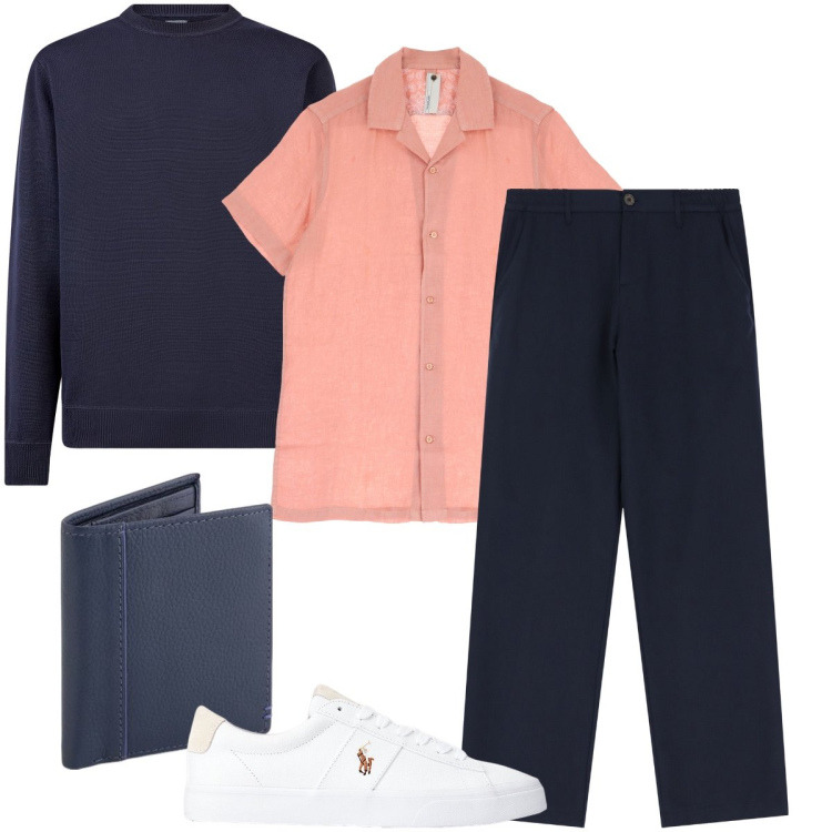 Outfit uomo - La camicia rosa salmone. Stile Trendy per Ufficio. Abbinamento con pantaloni, camicie a manica corta, sneakers, maglieria, portafogli.