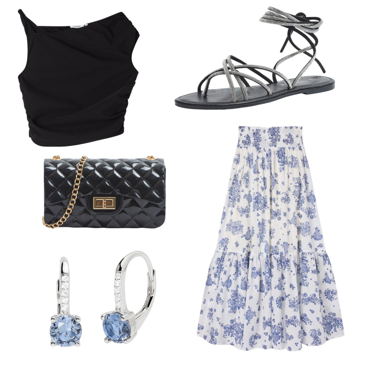 Outfit donna - Non ti scordar di me. Stile Basic per Cerimonia. Abbinamento con sandali alla schiava, borse a tracolla, gonne lunghe, top, orecchini.