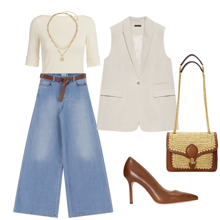 Outfit donna - Brownie. Stile Basic per Tutti i giorni. Abbinamento con jeans, ciondoli, t-shirt, décolleté, borse a spalla, gilet.