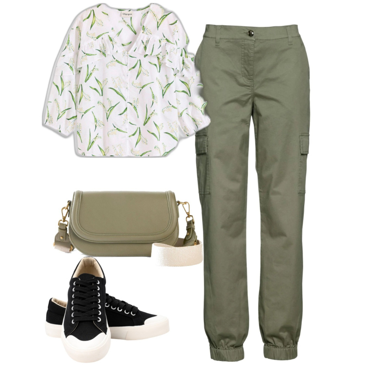 Outfit donna - Total look #2105931. Stile Casual per Tutti i giorni. Abbinamento con pantaloni cargo, bluse, borse a tracolla, sneakers.