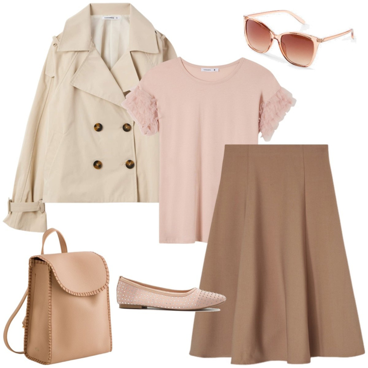 Outfit donna - Università. Stile Casual chic per Scuola/Università. Abbinamento con occhiali da sole, ballerine, trench, t-shirt, gonne longuette, zaini.