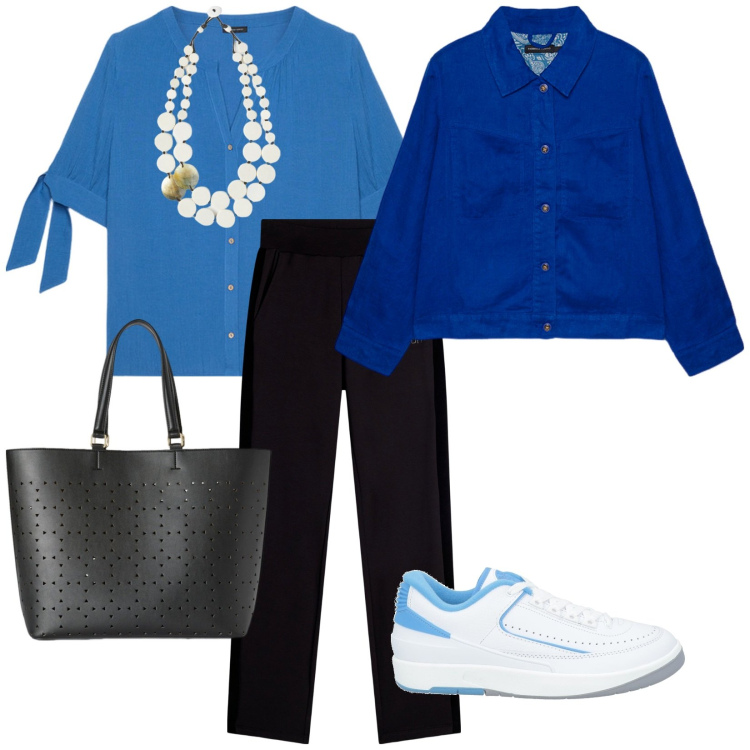 Outfit donna - Sabato mattina. per Tutti i giorni. Abbinamento con sneakers, pantaloni, camicie, blazer, ciondoli, shopping bag.