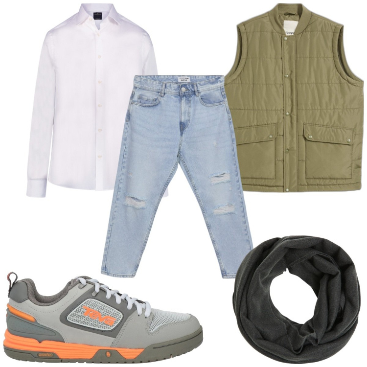 Outfit uomo - Total look #2105938. Stile Trendy per Tutti i giorni. Abbinamento con gilet, sneakers, sciarpe, jeans strappati, camicie.