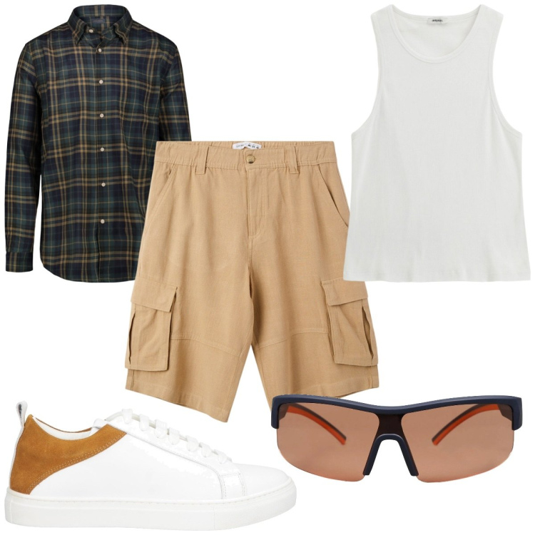 Outfit uomo - Total look #2105939. Stile Trendy per Tutti i giorni. Abbinamento con occhiali da sole, sneakers, pantaloni corti, canottiere, camicie.